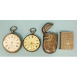 Two silver-cased key-wind open-face pocket watches, (a/f) and two plated Vesta cases, (4).