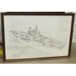 HMS Hermes, a large framed print of a pencil drawing, 69 x 105cm and a set of Decca 78RPM records "