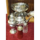 A silver-plated sugar castor, 22cm high, other plated ware, a cranberry glass sugar castor with