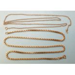 A 9ct gold box-link neck chain, 47cm and a 9ct gold curb-link chain, 51cm, total weight 5.7g.