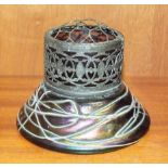 A Loetz-style iridescent purple glass posy holder with metal collar and flower holder mesh, 9cm high