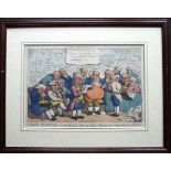 A collection of six framed political and satirical coloured engravings, Pub. Samuel Fores and