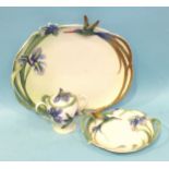 Two Franz porcelain oval dishes decorated with humming birds and irises, 30cm and 18cm wide, a