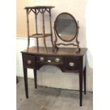 A mahogany oval swing toilet mirror, a lacquered bamboo table and a small mahogany bow-front