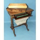 A Victorian walnut work table, the rectangular top above a fitted drawer and sewing basket, on end