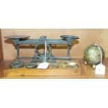 A set of Sampson Mordan & Co. brass postal scales with seven weights, 1/4oz to 8oz, (1/2oz