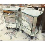 A pair of modern mirrored glass low three-drawer chests with octagonal tops and etched design,