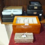 A plated metal jewellery casket and various watch display boxes.