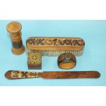 A Tunbridge ware floral-decorated clothes brush, 16cm, a paper knife, a small square box and