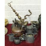 A brass hanging three-branch light fitting, 53cm high overall, a copper kettle, various pewter