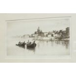 After W Douglas Macleod, 'River Arno', a signed etching, 19 x 34.5cm, titled label verso and two