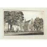 After Charles H Clark, 'Shrewsbury School', a signed etching no.7/200, 19 x 31.5cm, two books, 'A