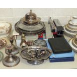 A collection of boxed community plate cutlery, a pair of plated short candlesticks and other