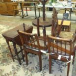 Four Georgian-style dining chairs, two Georgian-style tripod tables, a carved and pokerwork hall