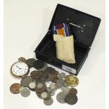 A Dennison Star gold-plated pocket watch, (a/f), thirty-four silver threepences and other coins,