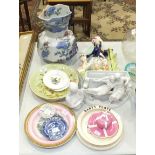 A small ceramic blue and white transfer-printed willow pattern-decorated pin tray with 'Yorkshire