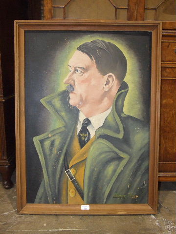 E Geyer, 'Adolf Hitler', half-length portrait wearing a green overcoat, oil on plyboard, signed