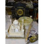 A black slate case striking mantel clock of architectural design, (a/f), an alabaster model of the