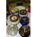 A Wedgwood blue and white jasperware biscuit barrel decorated with classical scenes, having a plated