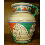 A Crown Ducal jug with geometric and swirl decoration by Charlotte Rhead, 20cm high, factory