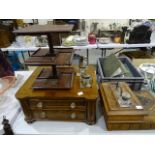 A walnut collectors chest fitted with two drawers, 43 x 39cm, an Oriental circular brass tray, a