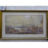 R Hoskin, 'Beached fishing vessels with figures, horse and carts waiting for the catch', signed
