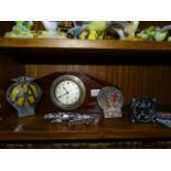 A Smith's car clock mounted in wooden case, a chrome-plated Jaguar car mascot and a BMA and AA car