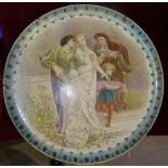 A 19th century French porcelain plaque depicting a young woman with an attendant and two suitors,