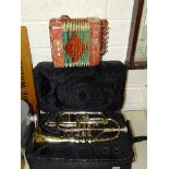 A Roy Bensons brass cornet CR-202 in case and a Hero accordion, (both a/f), (2).