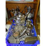 A collection of plated wares, including teapots, toast racks, tankards, etc.