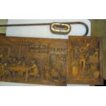 A Continental leather jewellery casket, 17cm, two carved wood plaques depicting tavern and brewery