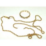 A 9ct gold ring set white stones and a 9ct gold rope-twist neck chain, (broken), total weight 5.2g.