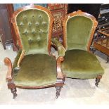 A late-Victorian inlaid walnut salon chair, (one arm damaged), a similar nursing chair and a pair of