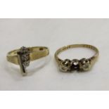 A 9ct gold ring set three synthetic white stones, size K and a 9ct gold ring set two diamonds either