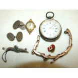 A yellow metal watch-sprung bracelet, a silver RAF sweetheart brooch, a Continental silver-cased