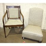 An inlaid mahogany upholstered armchair, an upholstered low nursing chair and a rectangular mahogany