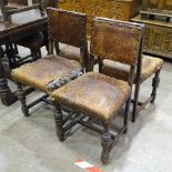 A set of seven 20th century Jacobean-style chairs, (studded leather upholstery damaged), including