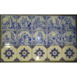 Ten Minton, Hollins & Co. blue and white transfer-printed Shakespearean character tiles, each 15cm