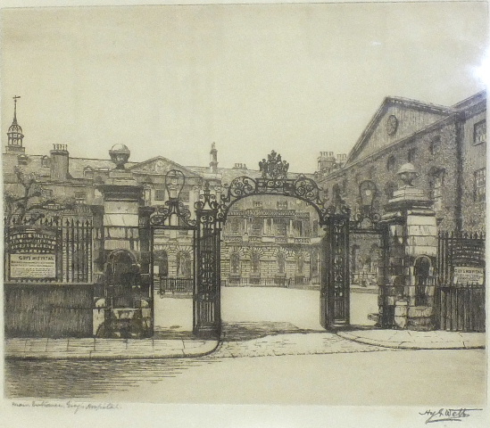 After Harry George Webb, 'Main Entrance, Guy's Hospital', etching, signed and titled in pencil