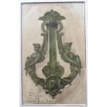 Charles A Cooke (late-19th century) DESIGN FOR BRONZE DOOR KNOCKER, FRONT AND SIDE VIEWS Signed