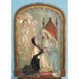 A 19th century painted relief-carved wood screen depicting the Virgin Mary blessing a Sister from