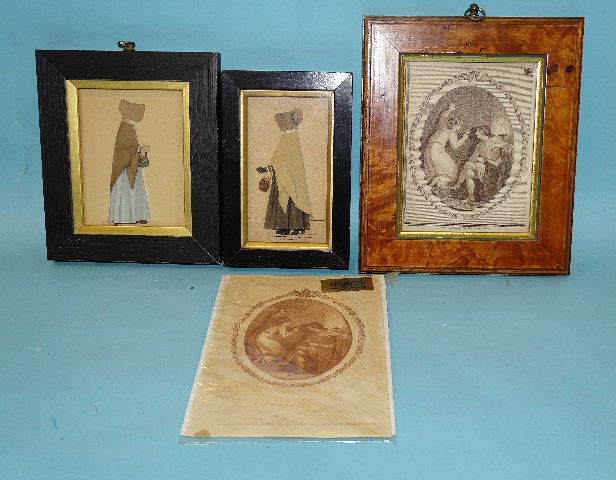 Two 19th century high-relief découpage pictures, each depicting a woman in poke bonnet, shawl and