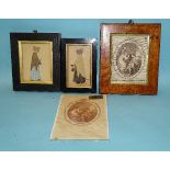 Two 19th century high-relief découpage pictures, each depicting a woman in poke bonnet, shawl and