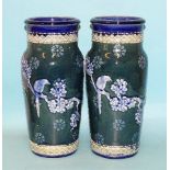 A pair of Doulton & Slater vases with green/blue body and tubeline decoration of a bird on a