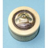 A small circular bone patch box, the lid with Nelson memorial vignette, 2.5cm diameter.