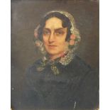 19th century English School SHOULDER-LENGTH PORTRAIT OF A LADY WEARING A LACE BONNET TRIMMED WITH