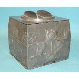 Archibald Knox for Liberty & Co, a Tudric pewter biscuit box and cover of square form, with three