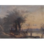 Style of John Varley FIGURE FISHING FROM A BANK, BUILDINGS IN DISTANCE Unsigned watercolour, 15 x