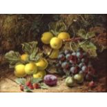 Oliver Clare (1853-1927) STILL LIFE, RUSSET APPLES, GRAPES, VICTORIA PLUMS AND RASPBERRIES, WITH