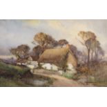 Charles Eyres Simmons FIGURE BESIDE POND OUTSIDE THATCHED COTTAGE Signed watercolour, 27 x 43cm.